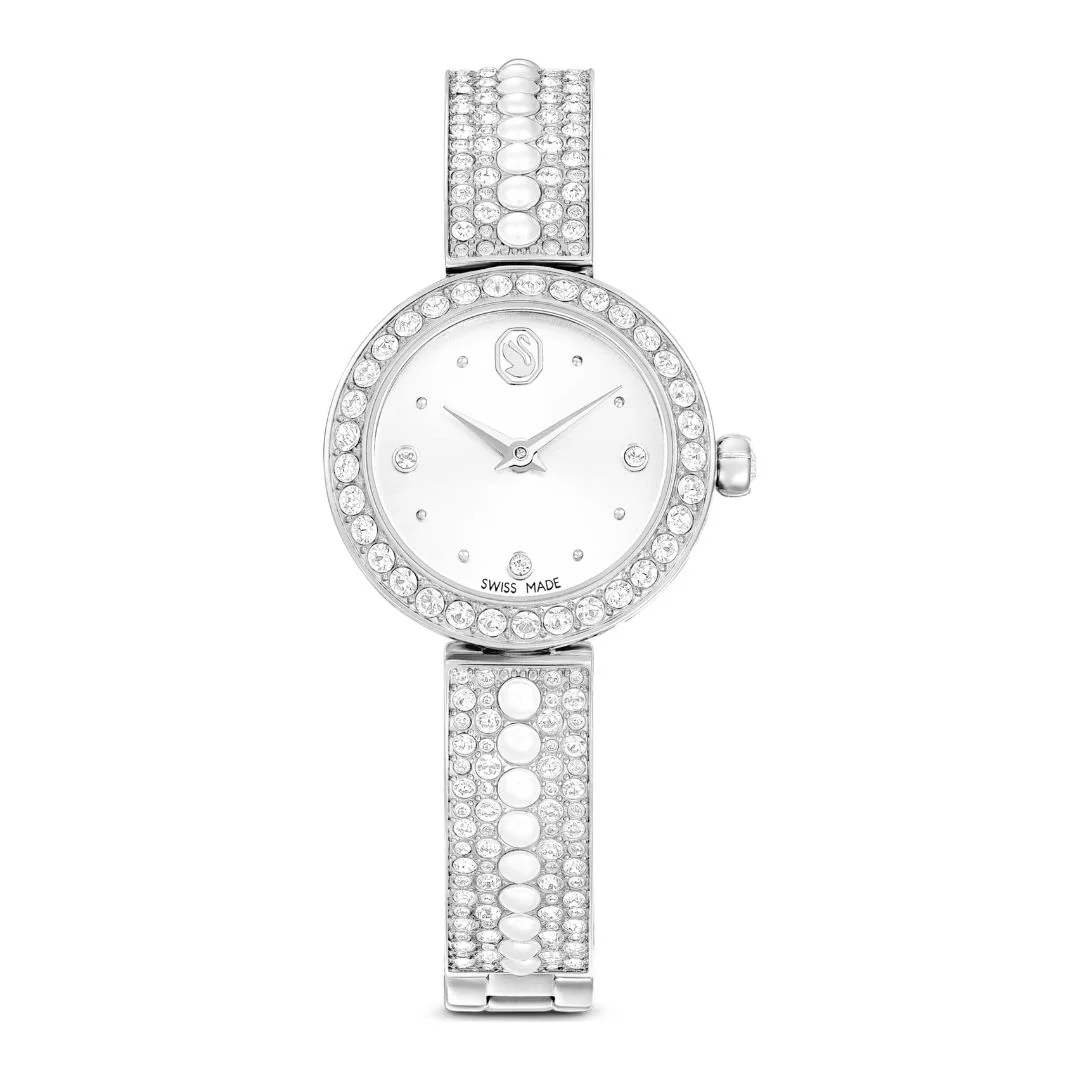 Swarovski Matrix pearl bangle rannekello, hopeanväri, valkoiset helmet ja kirkkaat kristallit, 5743680