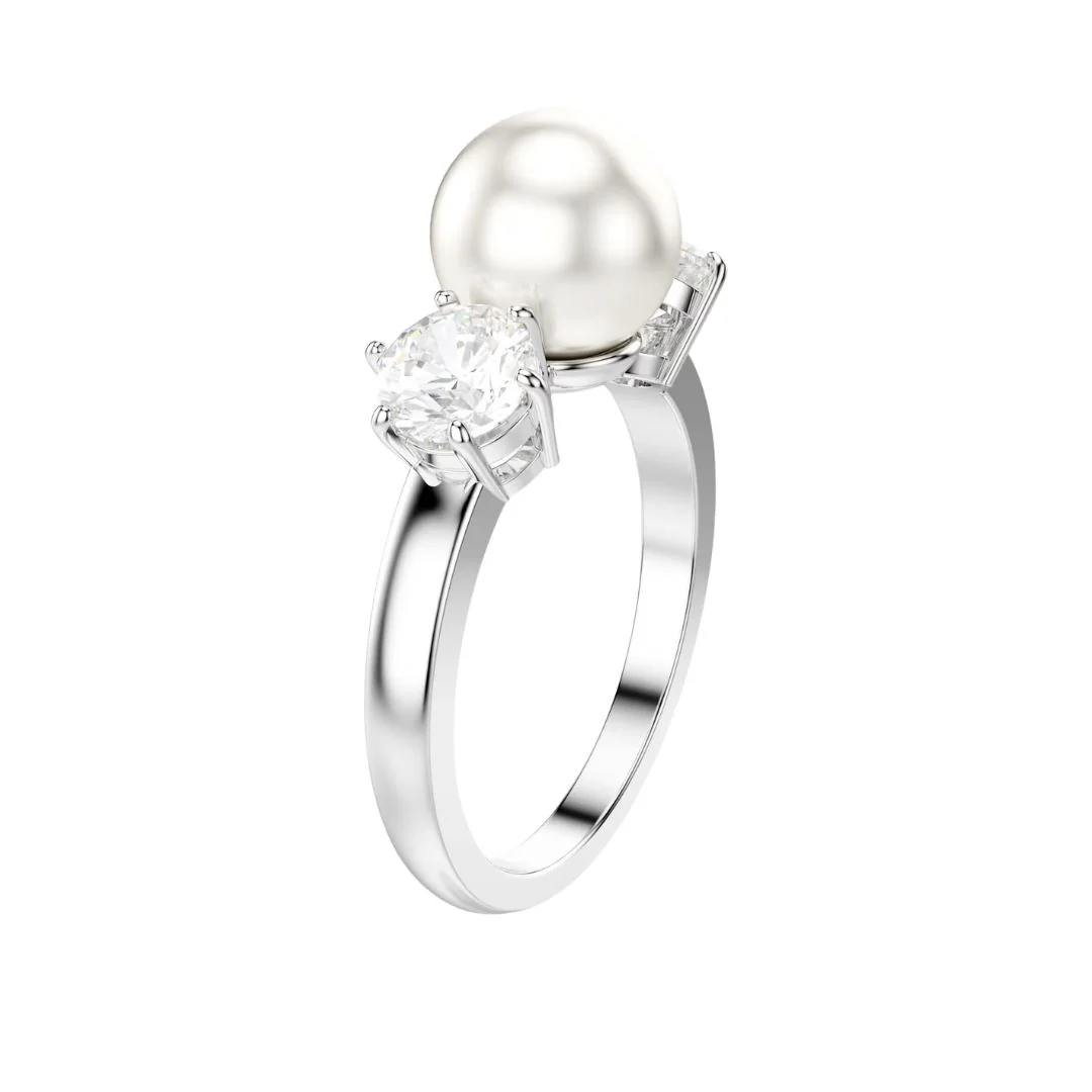 Swarovski Matrix sormus, vaalea metalli kirkkailla kristalleilla ja valkoisella helmellä - Image 2